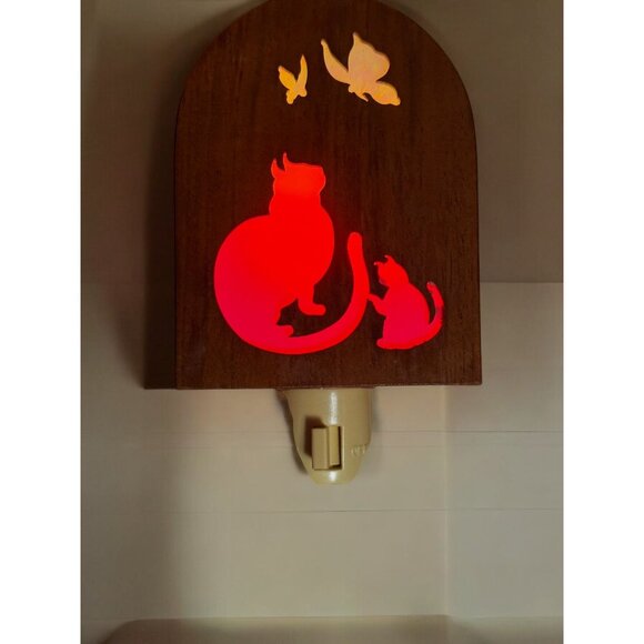 Vintage Wooden Night Light With Cat & Butterfly Cutout Design - Picture 9 of 9